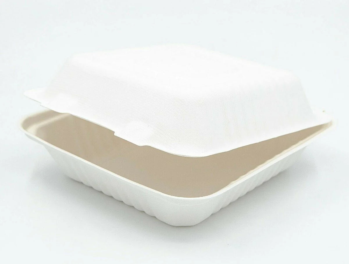 8 X 8 Bagasse Clamshell Meal Box (PER BOX)