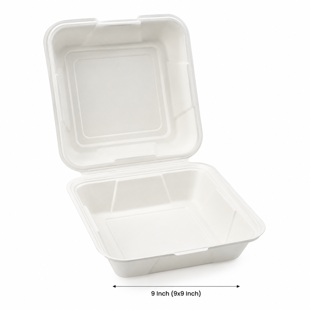 9 X 9 Bagasse Clamshell Meal Box (PER BOX)