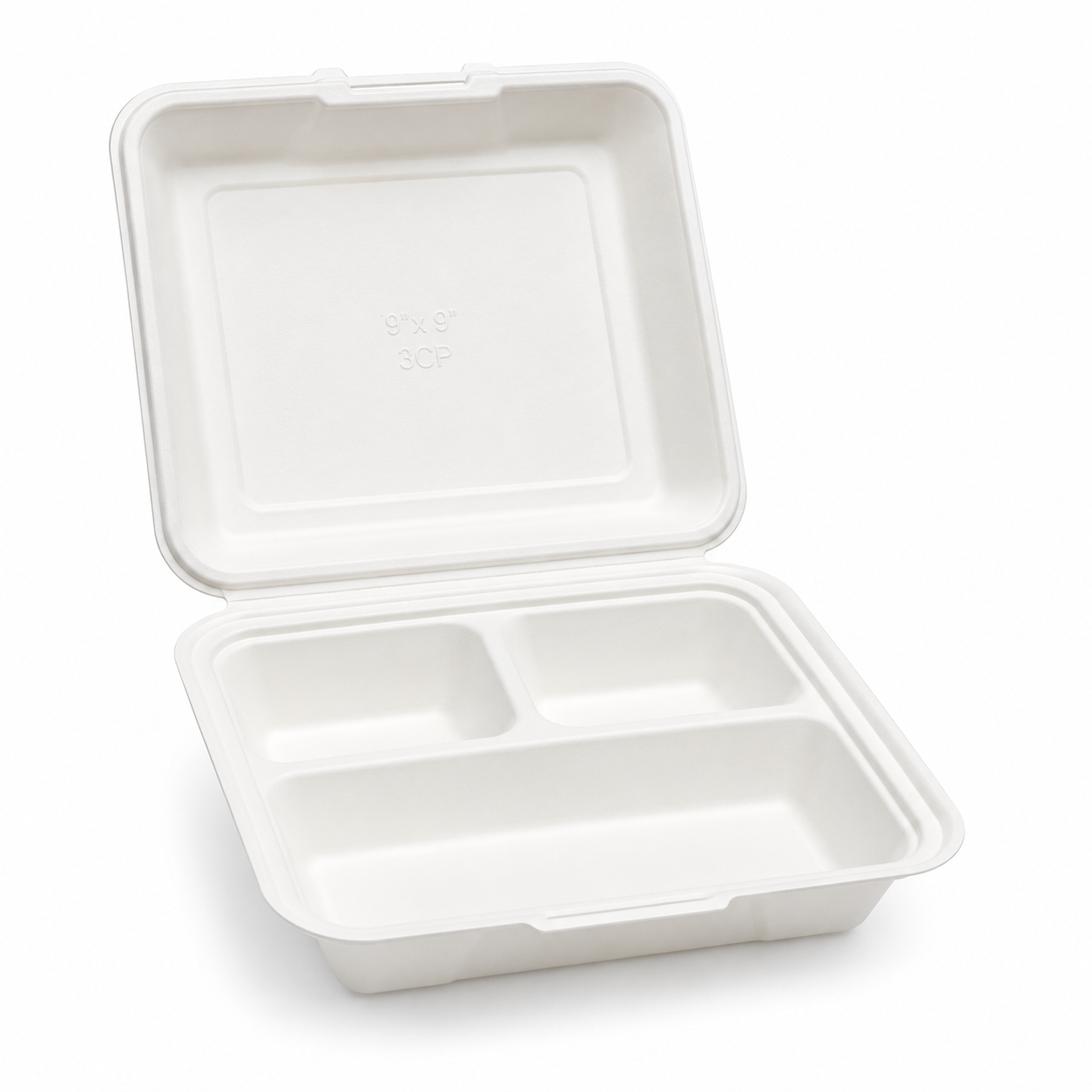 9 X 9 3Cp Bagasse Clamshell Meal Box (PER BOX)